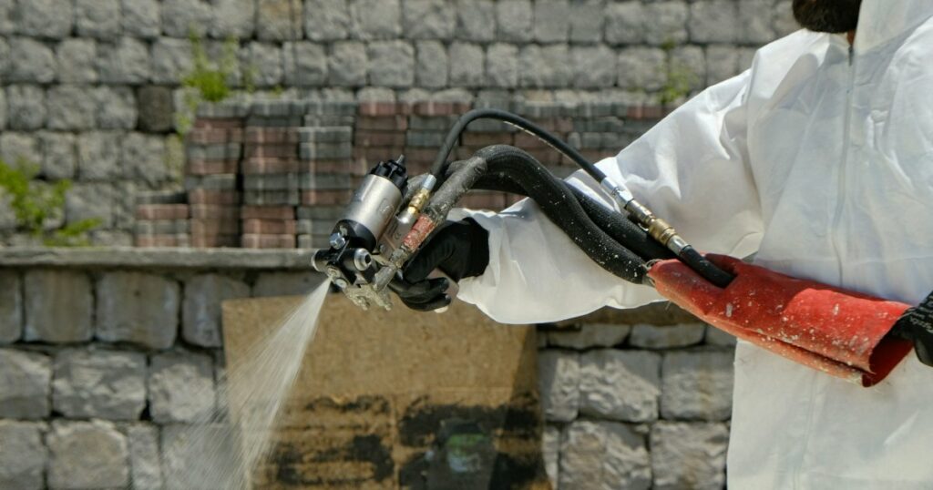 Ouvrier en combinaison de protection blanche sur un chantier de traitement de l’amiante, illustration du diagnostic amiante réalisé par CALLDIAG dans le Val-d’Oise